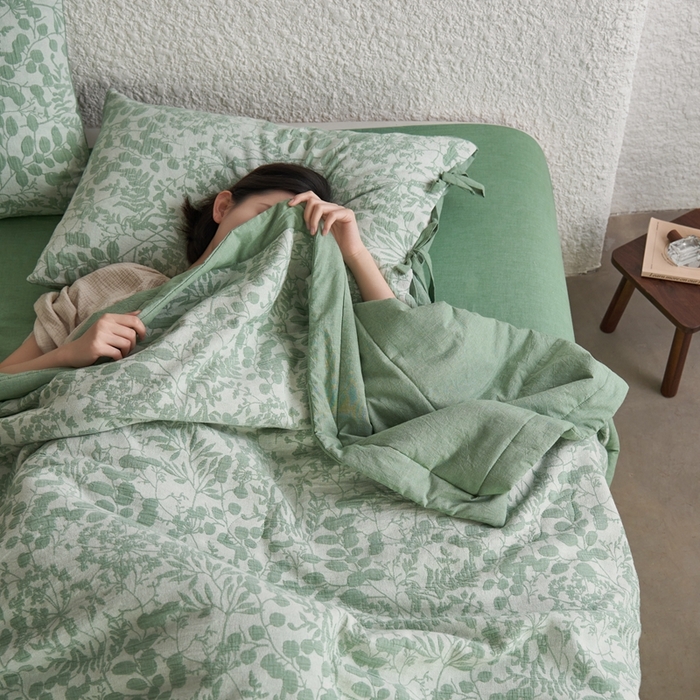 91家纺网 家纺一手货源 找家纺 安莱生活 2024新款高端双层纱栀子花色织大提花夏被及夏被四件套 栀子花-嫩绿