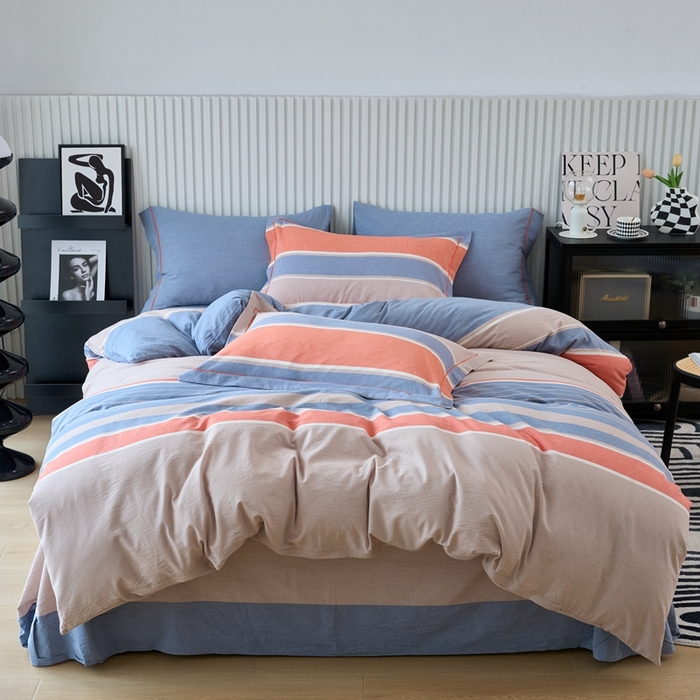 91家纺网 家纺一手货源 找家纺 三沁家居 2024新款格子色织全棉水洗棉四件套 宽边 妮可