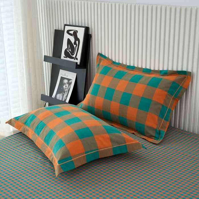 91家纺网 家纺一手货源 找家纺 三沁家居 2024新款格子色织全棉水洗棉四件套 宽边 梦甜大格-孔雀绿