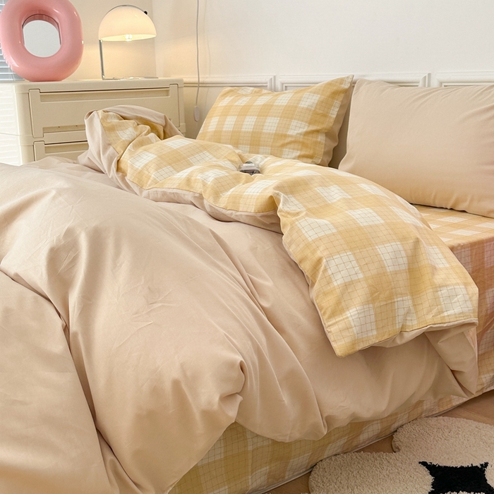 91家纺网 家纺一手货源 找家纺 昔可家纺 2024新款全棉纯色格子系列四件套 芝芝肉桂