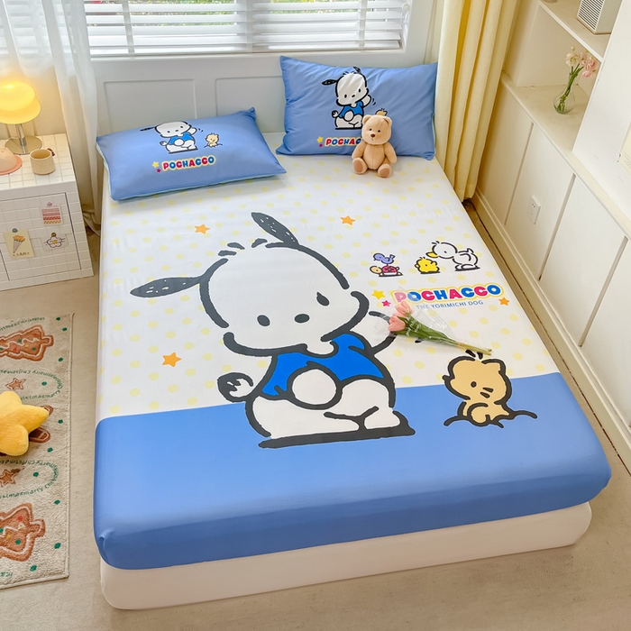 91家纺网 家纺一手货源 找家纺 金爱家 2024新款全棉三丽鸥正版大版单品床笠 星星帕哈狗