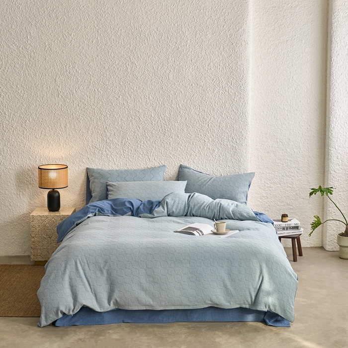 91家纺网 家纺一手货源 找家纺 安莱生活 2025新款双层纱色织提花波浪系列四件套 斜纹波浪 斜纹波浪-深蓝