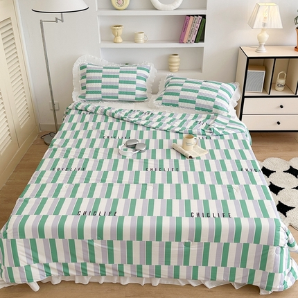 昔可家纺 2024新款凉感冰皮床盖和同款夏被 紫绿格