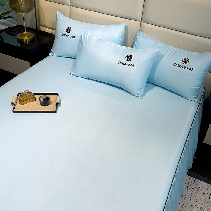 91家纺网 家纺一手货源 找家纺 极梦家纺（支持定制） 2025夏季新款纯色绣花水洗真丝单床裙三件套可提供买家秀 天水蓝