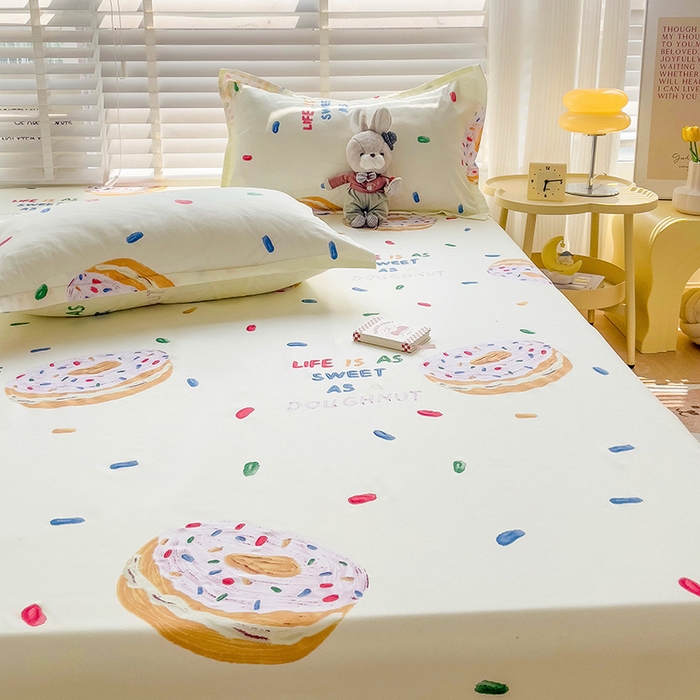 91家纺网 家纺一手货源 找家纺 楠沐家纺 2025新款亲肤印花芦荟棉水洗棉床笠系列 甜甜圈