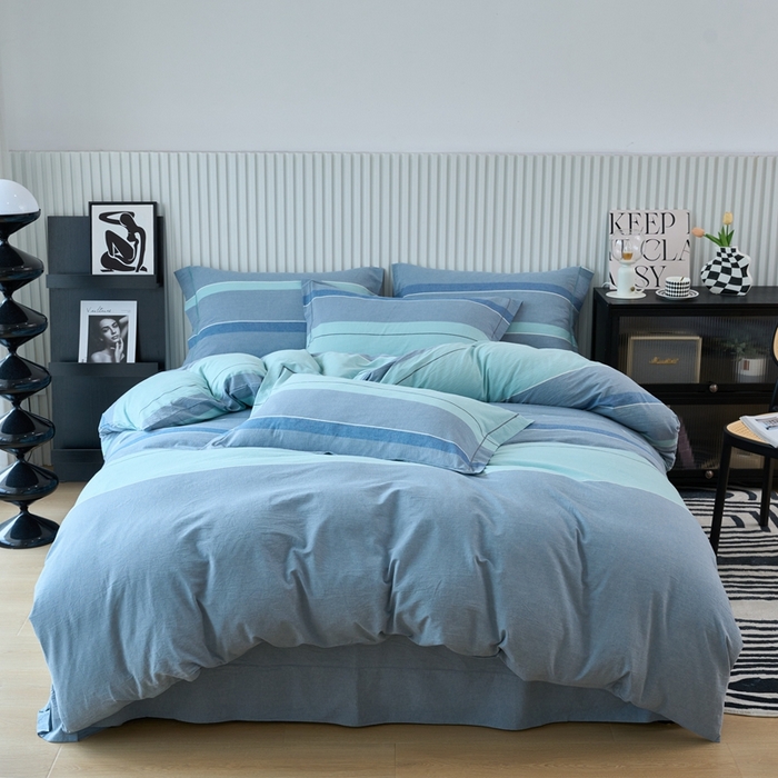 91家纺网 家纺一手货源 找家纺 三沁家居 2024新款格子色织全棉水洗棉四件套 宽边 曼达拉灰