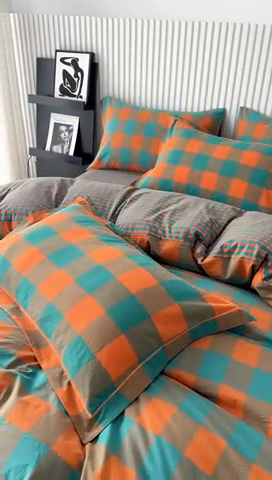 91家纺网 家纺一手货源 找家纺 三沁家居 2024新款格子色织全棉水洗棉四件套 宽边 梦甜大格-孔雀绿