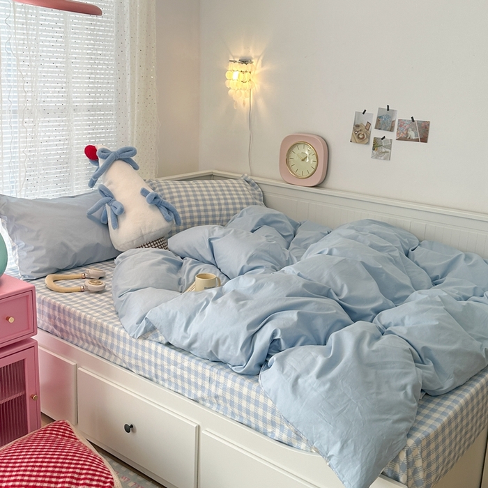 91家纺网 家纺一手货源 找家纺 昔可家纺 2024新款全棉纯色格子系列四件套 海盐蓝椰