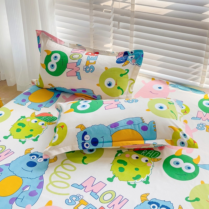 91家纺网 家纺一手货源 找家纺 楠沐家纺 2025新款亲肤印花芦荟棉水洗棉床笠系列 怪兽大学