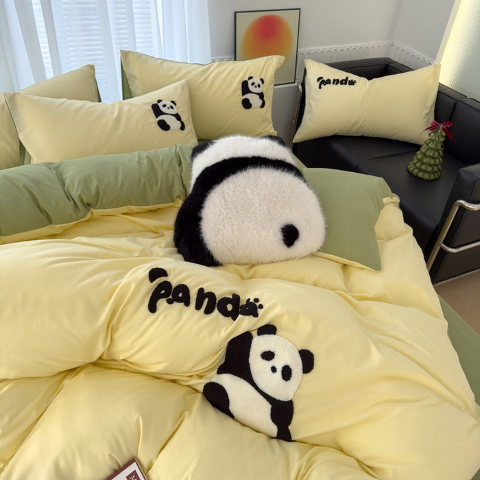 91家纺网 家纺一手货源 找家纺 曼谷家纺 年新款熊猫毛巾绣四件套柔软磨毛床上用品水洗棉套件 熊猫-芝士绿