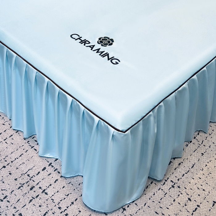 91家纺网 家纺一手货源 找家纺 极梦家纺（支持定制） 2025夏季新款纯色绣花水洗真丝单床裙三件套可提供买家秀 天水蓝