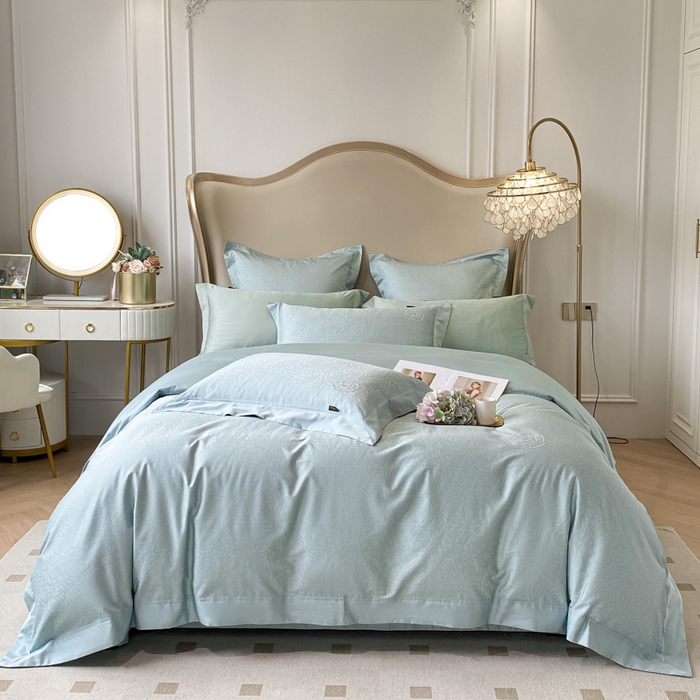 91家纺网 家纺一手货源 找家纺 品家居 2025新款长绒棉宽边印花四件套-邂逅 邂逅蓝色