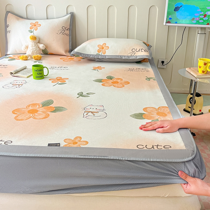 91家纺网 家纺一手货源 找家纺 安哆啦家纺 安哆啦家纺 2024新款A类冰藤印花凉席 桔花猫-床笠款