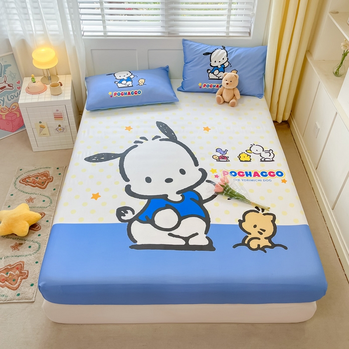 91家纺网 家纺一手货源 找家纺 金爱家 2024新款全棉三丽鸥正版大版单品床笠 星星帕哈狗