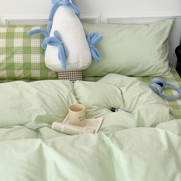 91家纺网 家纺一手货源 找家纺 昔可家纺 2024新款全棉纯色格子系列四件套 青柠薄荷