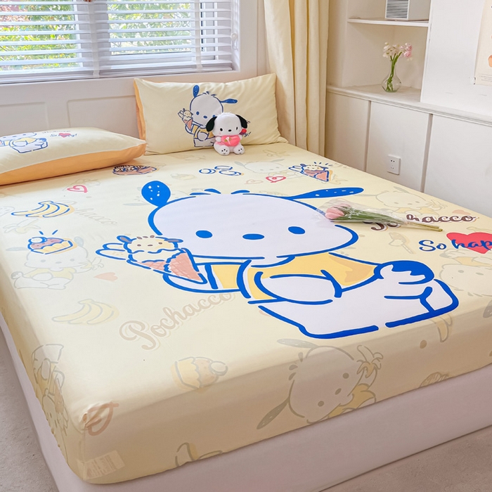 91家纺网 家纺一手货源 找家纺 金爱家 2024新款全棉三丽鸥正版大版单品床笠 贪吃帕哈狗