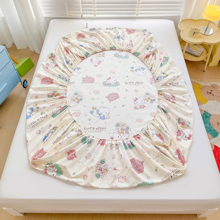 91家纺网 家纺一手货源 找家纺 楠沐家纺 2025新款亲肤印花芦荟棉水洗棉床笠系列 KT粉蓝喵喵