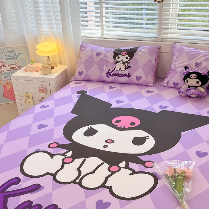 91家纺网 家纺一手货源 找家纺 金爱家 2024新款全棉三丽鸥正版大版单品床笠 桃心库洛米