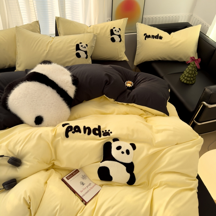 91家纺网 家纺一手货源 找家纺 曼谷家纺 年新款熊猫毛巾绣四件套柔软磨毛床上用品水洗棉套件 熊猫-芝士黑
