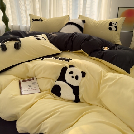 曼谷家纺 年新款熊猫毛巾绣四件套柔软磨毛床上用品水洗棉套件 熊猫-芝士黑