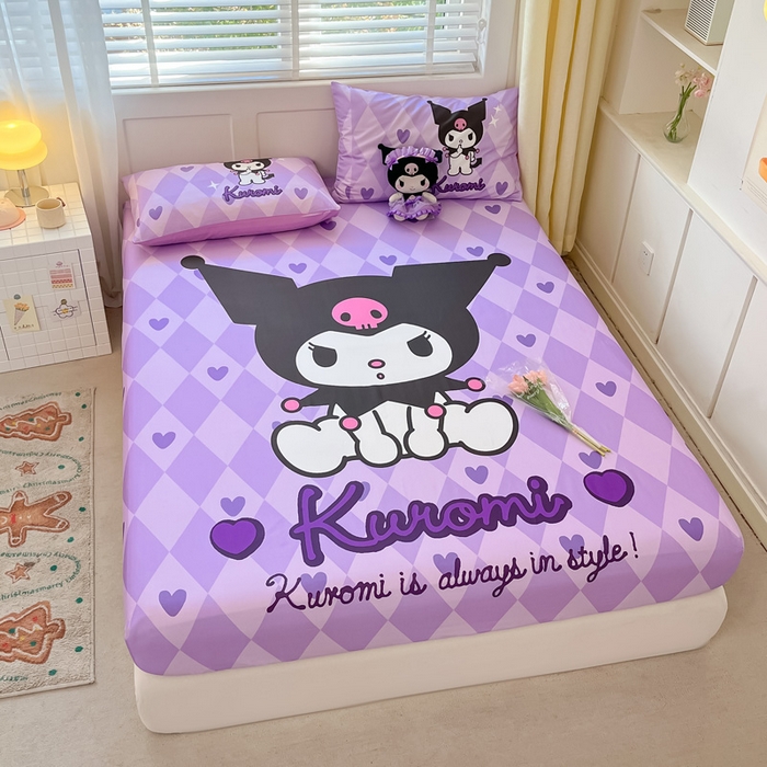 91家纺网 家纺一手货源 找家纺 金爱家 2024新款全棉三丽鸥正版大版单品床笠 桃心库洛米