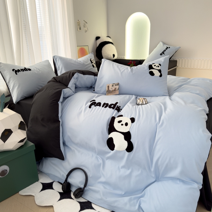 91家纺网 家纺一手货源 找家纺 曼谷家纺 年新款熊猫毛巾绣四件套柔软磨毛床上用品水洗棉套件 熊猫-淡蓝黑