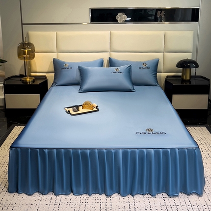 91家纺网 家纺一手货源 找家纺 （总）极梦家纺（支持定制） 2025夏季新款纯色绣花水洗真丝单床裙三件套可提供买家秀