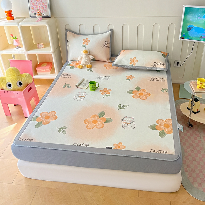 91家纺网 家纺一手货源 找家纺 安哆啦家纺 安哆啦家纺 2024新款A类冰藤印花凉席 桔花猫-床笠款