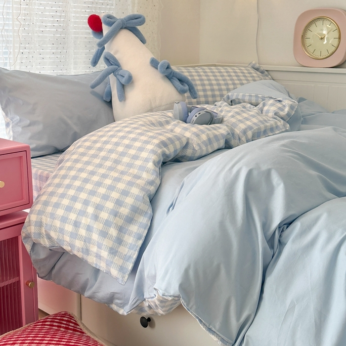 91家纺网 家纺一手货源 找家纺 昔可家纺 2024新款全棉纯色格子系列四件套 海盐蓝椰