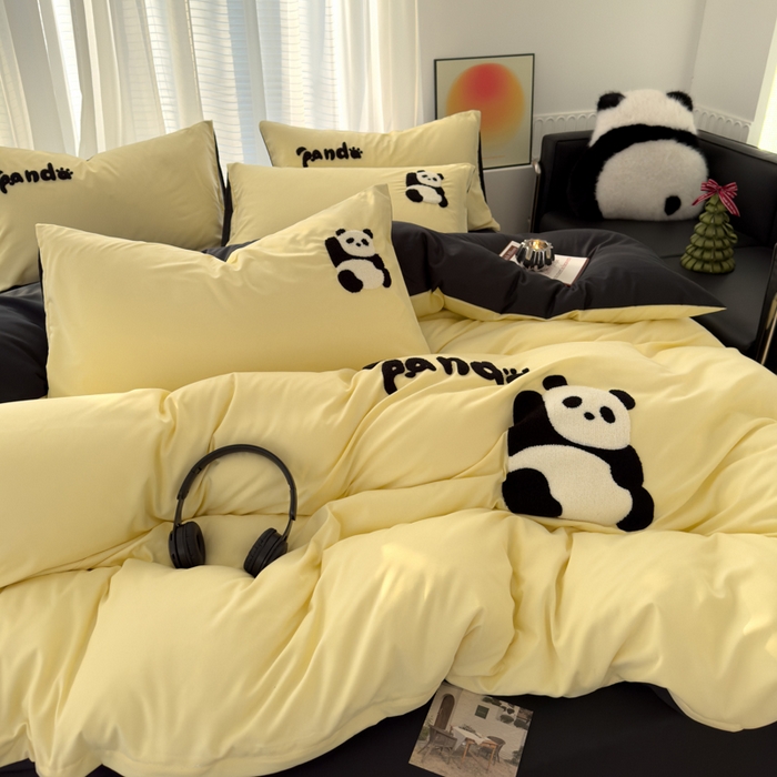 91家纺网 家纺一手货源 找家纺 曼谷家纺 年新款熊猫毛巾绣四件套柔软磨毛床上用品水洗棉套件 熊猫-芝士黑