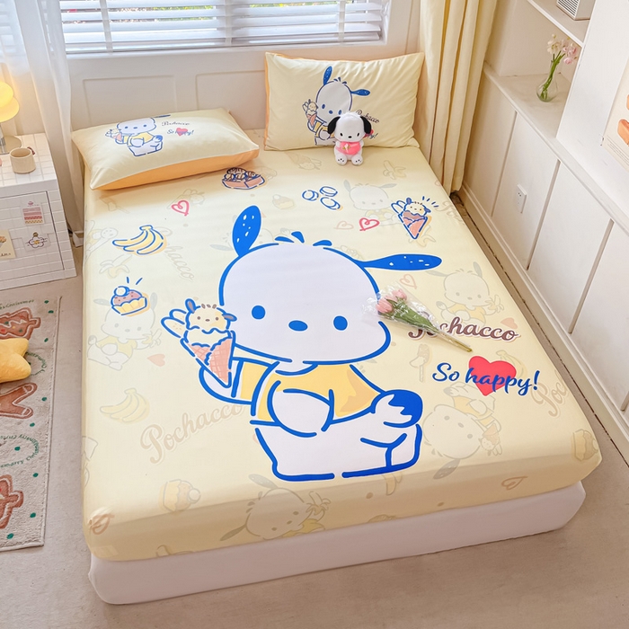 91家纺网 家纺一手货源 找家纺 金爱家 2024新款全棉三丽鸥正版大版单品床笠 贪吃帕哈狗