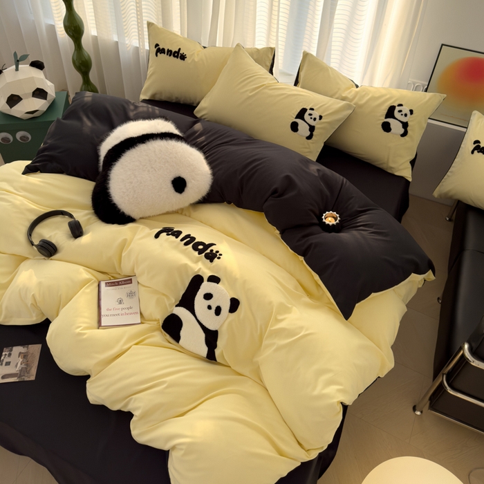 91家纺网 家纺一手货源 找家纺 曼谷家纺 年新款熊猫毛巾绣四件套柔软磨毛床上用品水洗棉套件 熊猫-芝士黑