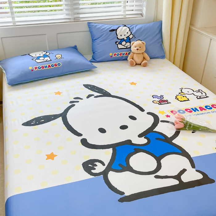 91家纺网 家纺一手货源 找家纺 金爱家 2024新款全棉三丽鸥正版大版单品床笠 星星帕哈狗