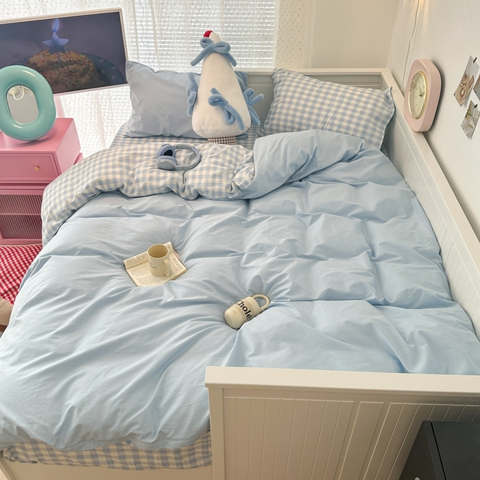 91家纺网 家纺一手货源 找家纺 昔可家纺 2024新款全棉纯色格子系列四件套 海盐蓝椰