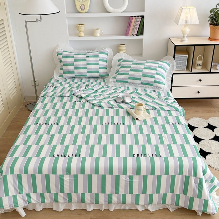 91家纺网 家纺一手货源 找家纺 昔可家纺 2024新款凉感冰皮床盖和同款夏被 紫绿格