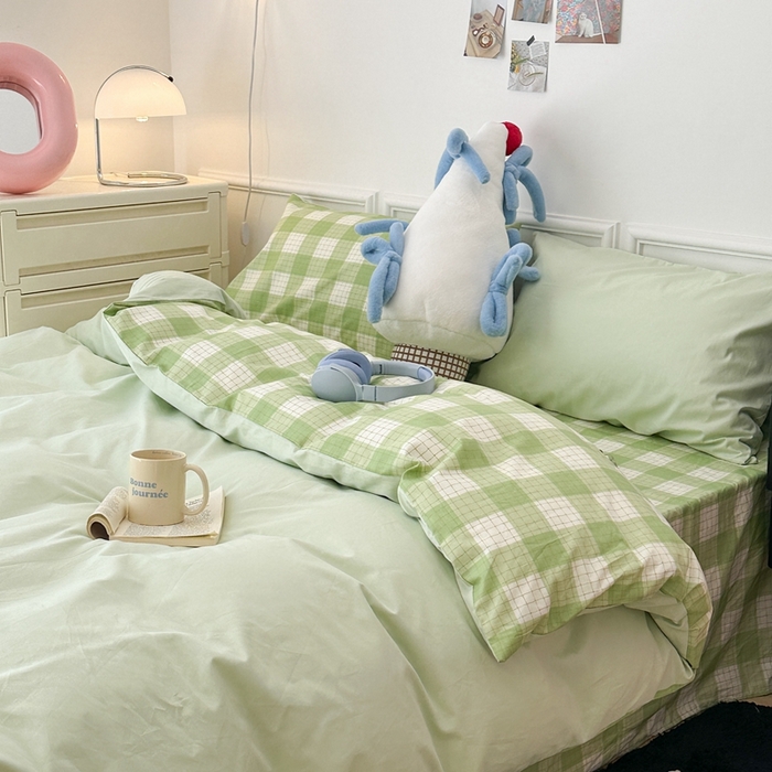 91家纺网 家纺一手货源 找家纺 昔可家纺 2024新款全棉纯色格子系列四件套 青柠薄荷