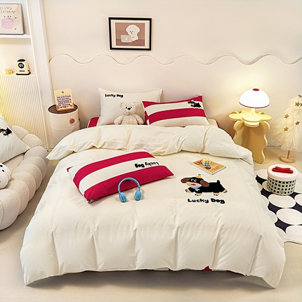 其奥家纺 2025新款毛巾绣全棉四件套纯棉学生三件套 幸运狗-奶油