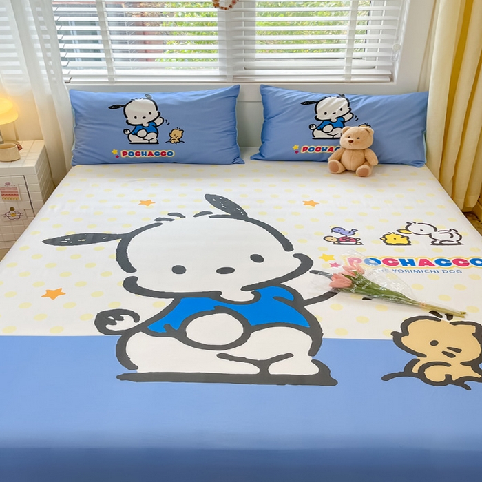 91家纺网 家纺一手货源 找家纺 金爱家 2024新款全棉三丽鸥正版大版单品床笠 星星帕哈狗