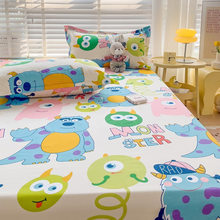 91家纺网 家纺一手货源 找家纺 楠沐家纺 2025新款亲肤印花芦荟棉水洗棉床笠系列 怪兽大学