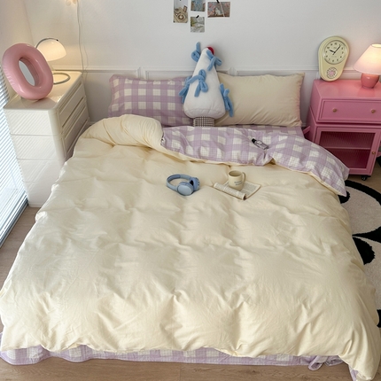 昔可家纺 2024新款全棉纯色格子系列四件套 芋泥奶酪