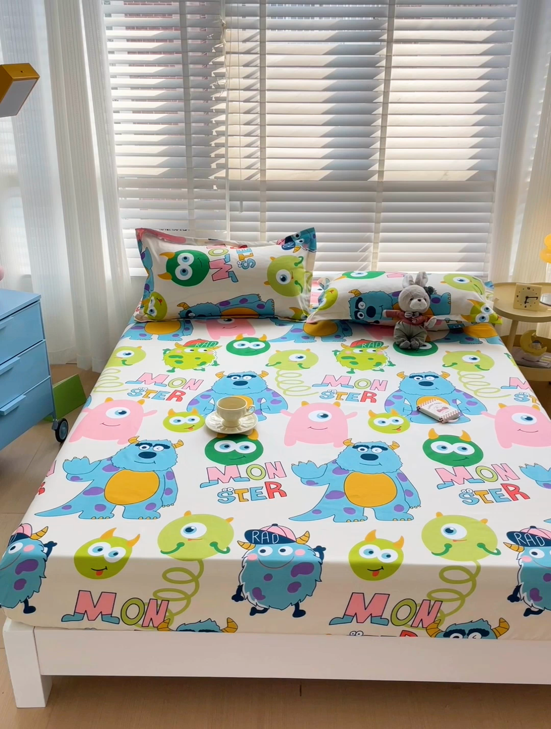 91家纺网 家纺一手货源 找家纺 楠沐家纺 2025新款亲肤印花芦荟棉水洗棉床笠系列 怪兽大学