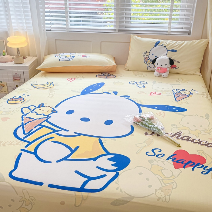 91家纺网 家纺一手货源 找家纺 金爱家 2024新款全棉三丽鸥正版大版单品床笠 贪吃帕哈狗