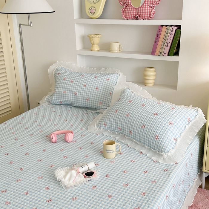 91家纺网 家纺一手货源 找家纺 昔可家纺 2024新款凉感冰皮床盖和同款夏被 少女心蓝格蝴蝶结