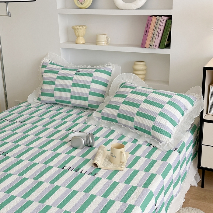 91家纺网 家纺一手货源 找家纺 昔可家纺 2024新款凉感冰皮床盖和同款夏被 紫绿格