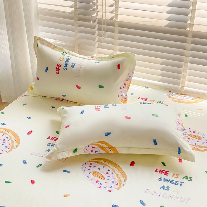 91家纺网 家纺一手货源 找家纺 楠沐家纺 2025新款亲肤印花芦荟棉水洗棉床笠系列 甜甜圈