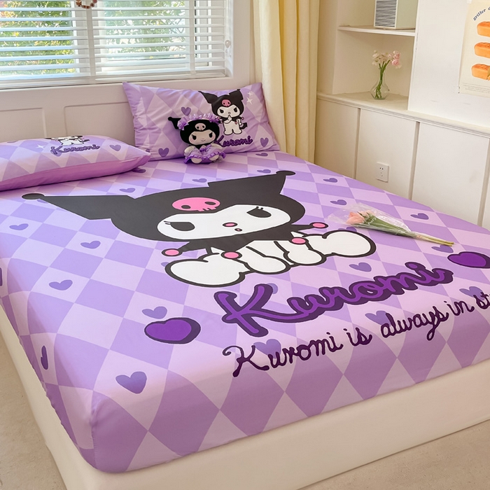 91家纺网 家纺一手货源 找家纺 金爱家 2024新款全棉三丽鸥正版大版单品床笠 桃心库洛米