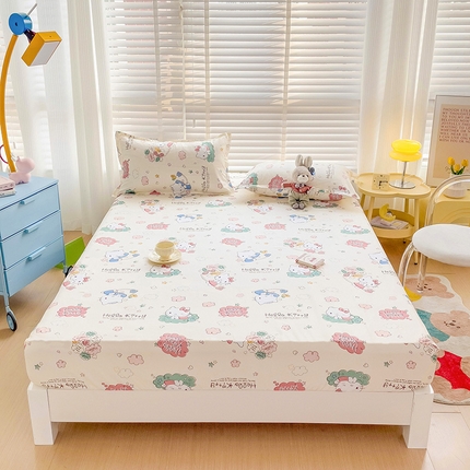 楠沐家纺 2025新款亲肤印花芦荟棉水洗棉床笠系列 KT粉蓝喵喵