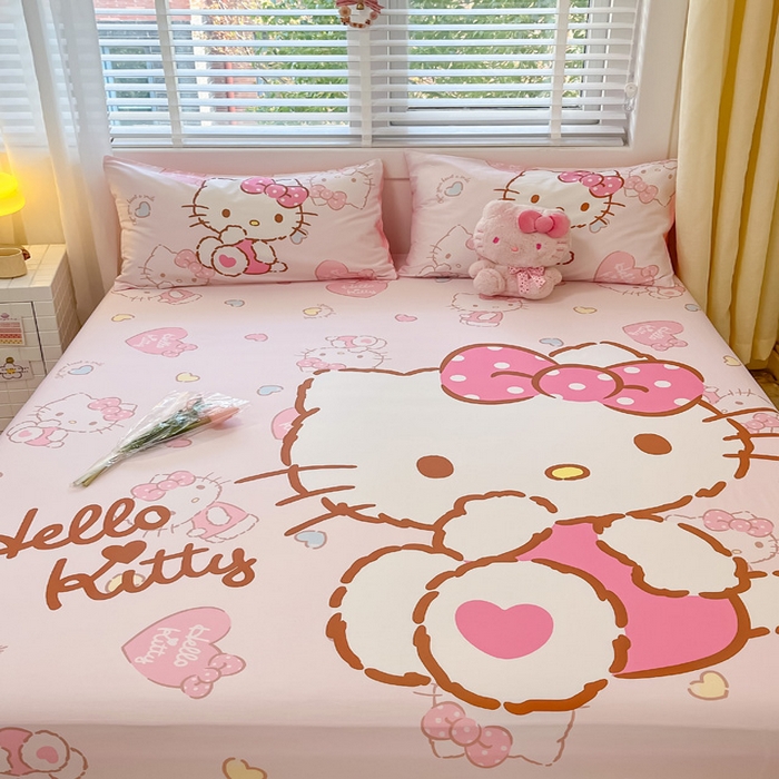 91家纺网 家纺一手货源 找家纺 金爱家 2024新款全棉三丽鸥正版大版单品床笠 爱心kt