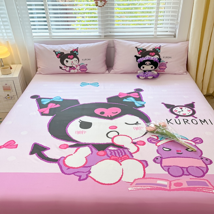 91家纺网 家纺一手货源 找家纺 金爱家 2024新款全棉三丽鸥正版大版单品床笠 朗读库洛米