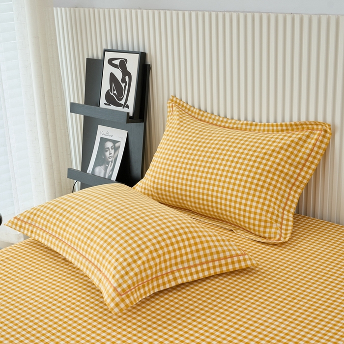 91家纺网 家纺一手货源 找家纺 三沁家居 2024新款格子色织全棉水洗棉四件套 宽边 黄小格